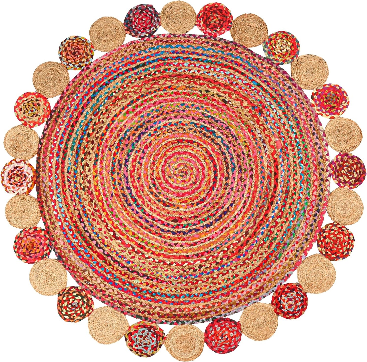 6' Round Handwoven Jute Chindi Area Rug - Colorful Boho Rugs for Living Room - Hand Braided Multicolor Bohemian Rug for Farmhouse, Bedroom, Dining Room, Classroom, Hallway, Kitchen, Office