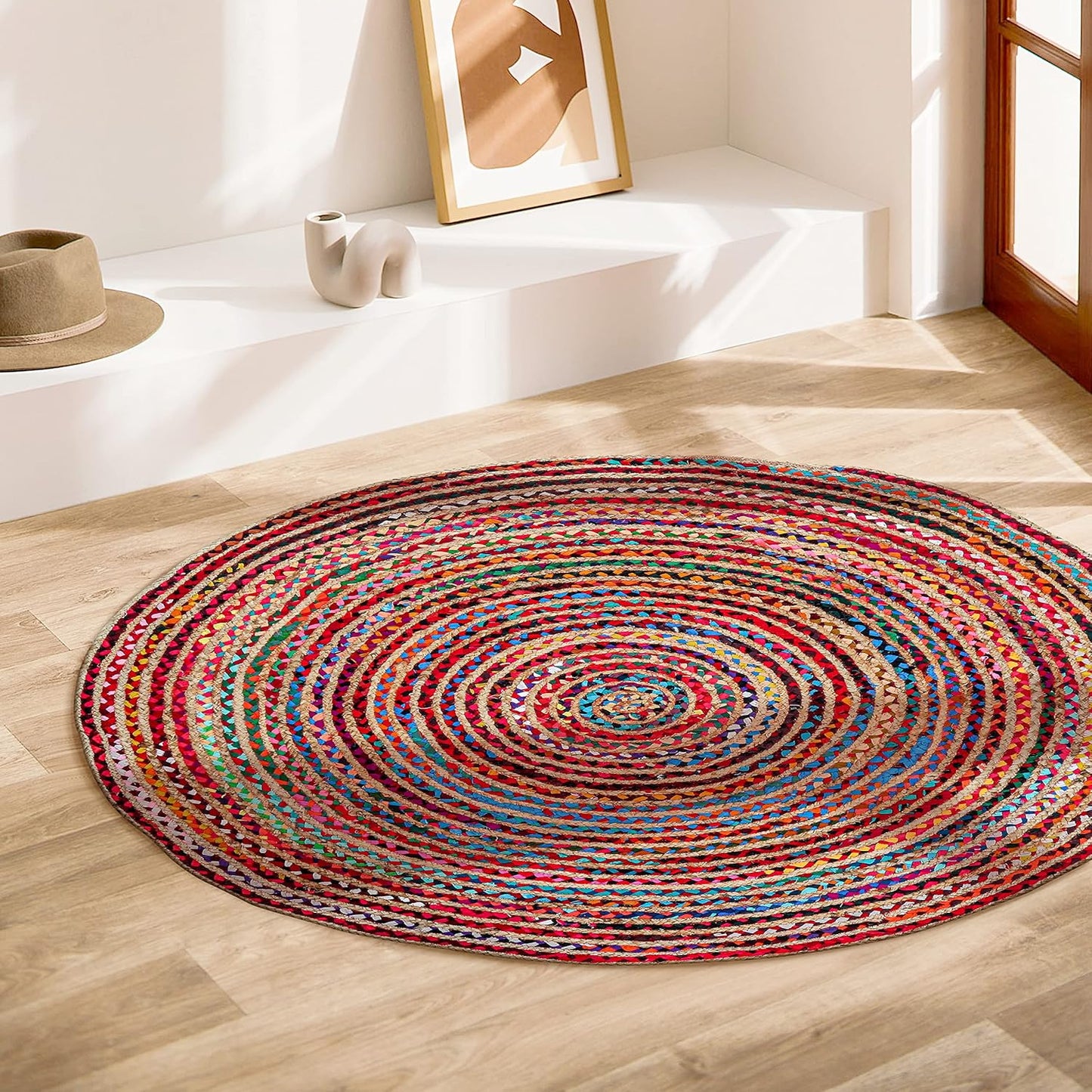9' Round Handwoven Jute Chindi Area Rug - Colorful Boho Rugs for Living Room - Hand Braided Multicolor Bohemian Rug for Farmhouse, Bedroom, Dining Room, Classroom, Hallway, Kitchen, Office