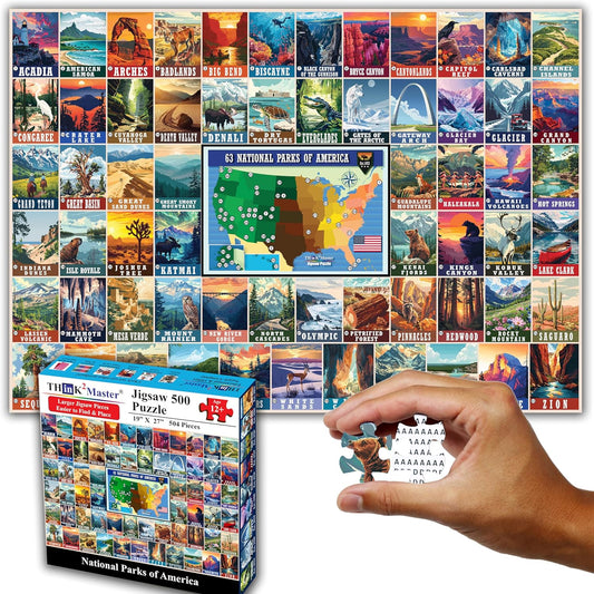 Think2Master Colorful Vintage USA National Parks 500 Pieces Large Format Jigsaw Puzzle for Kids 12+, Teens, Adults & Families. Great Gift for People Interested in Traveling. Size: 26.8” X 18.9”