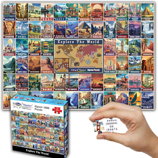 Think2Master Colorful Vintage World Travel Poster 1000 pieces Large Format Jigsaw Puzzle for kids 12+, teens, adults & families. Great gift for people wanting to explore the World. Size: 26.8” X 18.9”